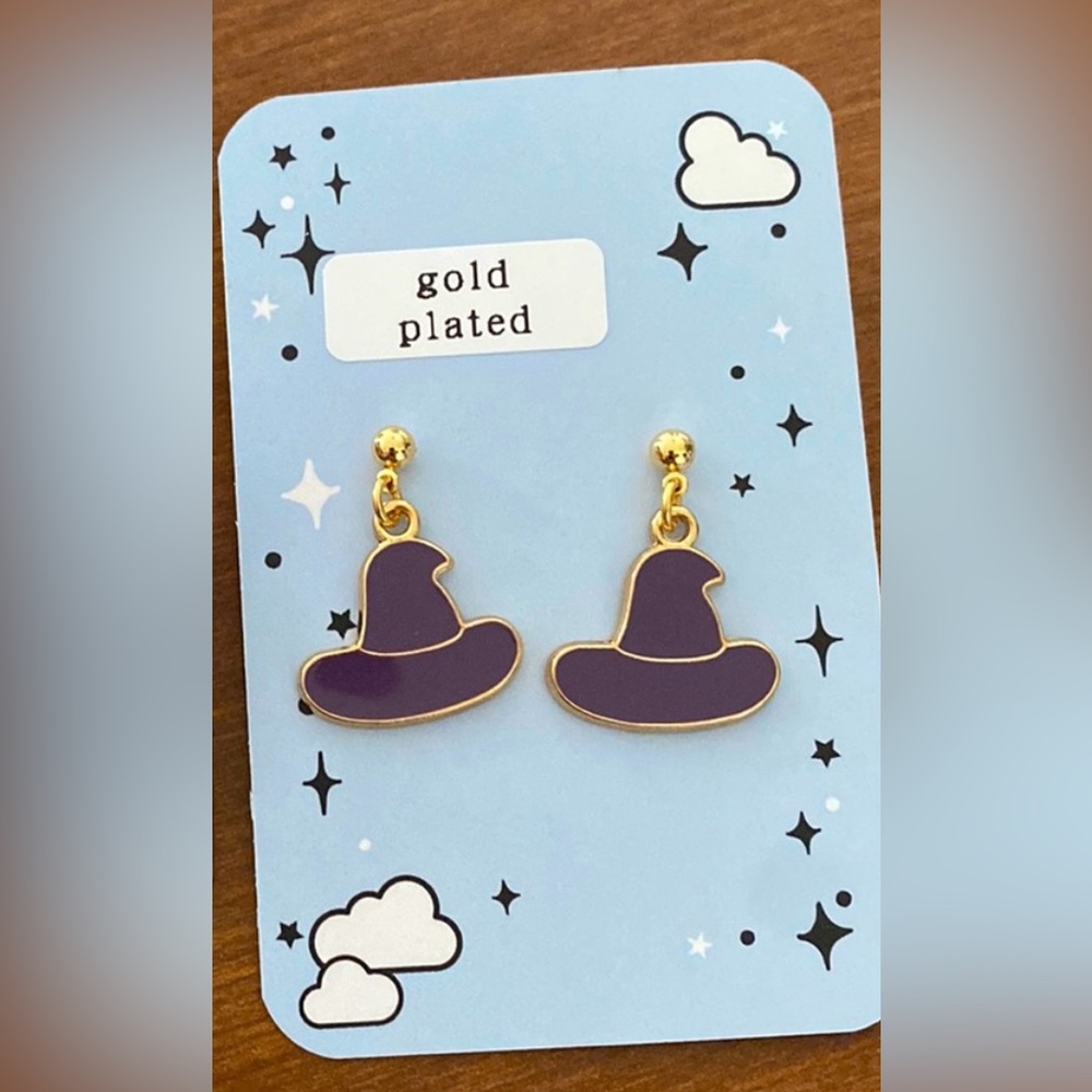 Purple Witch Hat Earrings Gold Plated Posts NEW